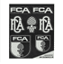 Sieben weiße Leuchtaufkleber in FCA Wappen, Retro-Logo, Zirbelnuss und FCA Schriftzug (1)