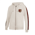 Vorderansicht einer creme Hoodie mit Reißverschluss und Kontraststreifen. (1)